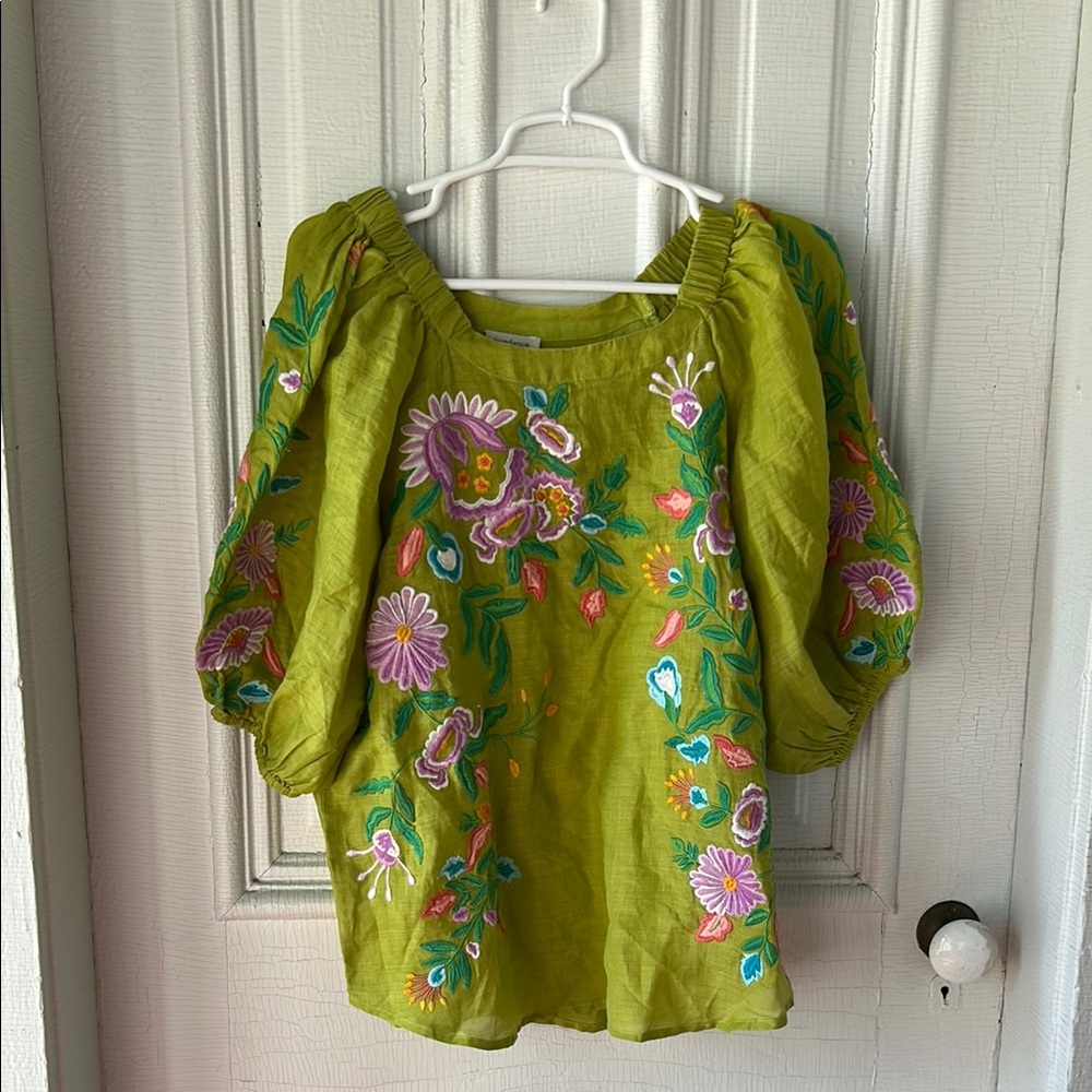 Green and Pink Floral Blouse with Three-Quarter Sleeves